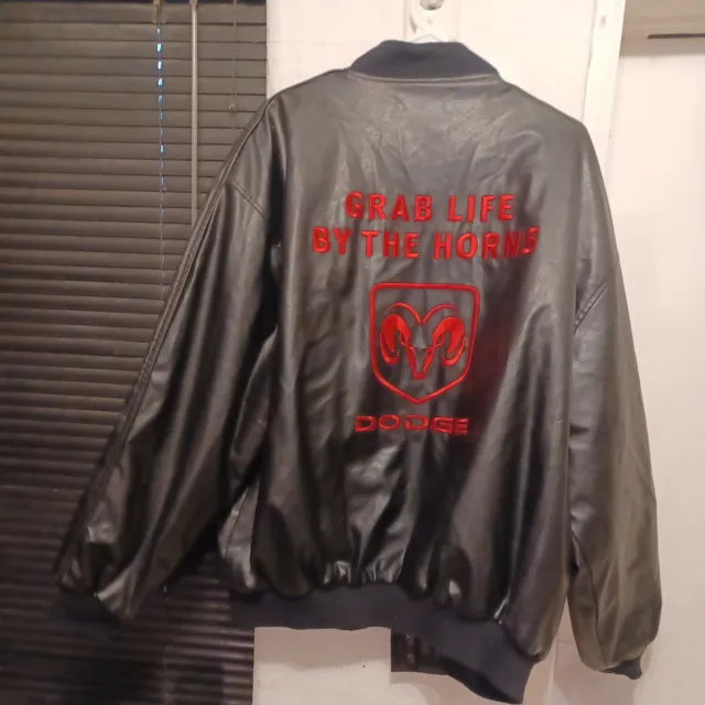 Vintage DODGE GRAB LIFE BY THE HORNS BLACK RED Faux Leather Jacket Mens sz XL