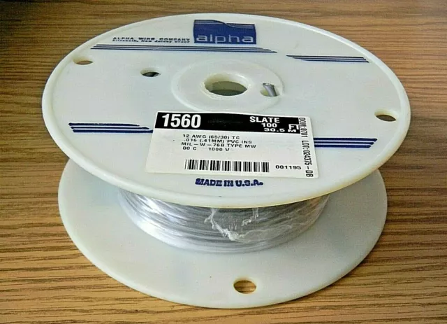 Alpha Wire 1560-100 1 X 1 Hook Up Wire 12 AWG 1000V .016 PVC Ins.Slate -100 Ft.