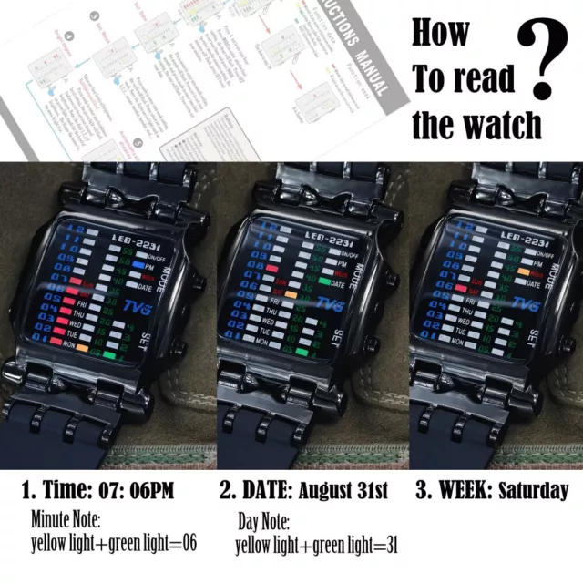 LED Binary Digital Watch Mens Fashion Casual Sport Wrist Watches Band Strap Cool 3