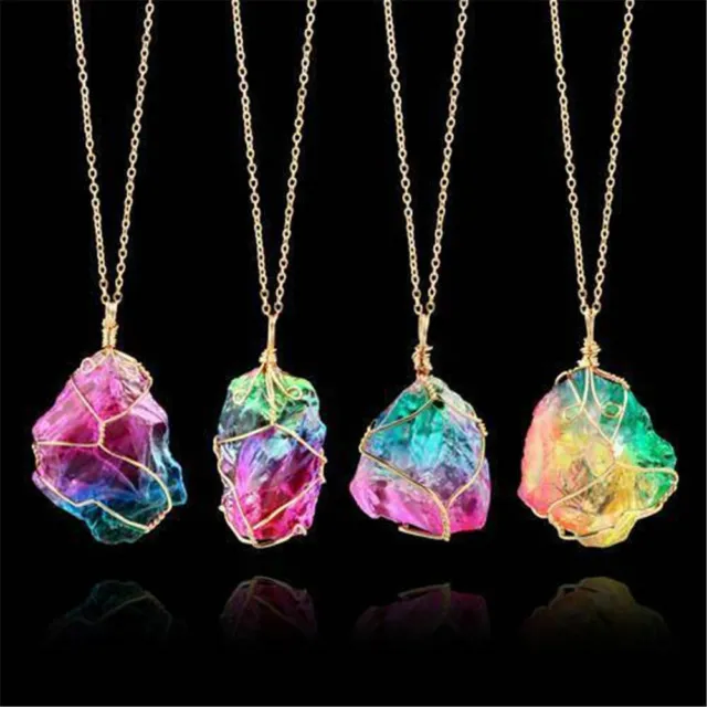 Rainbow Natural Crystal Stone Chakra Rock Chain Quartz Pendant Necklace Jewelry