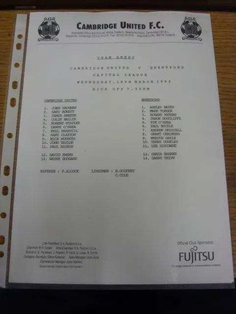 18/03/1992 Cambridge United Reserves v Brentford Reserves  (single sheet). Condi