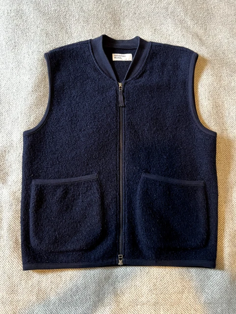 Universal Works Zip Waistcoat in Navy Wool Fleece - Large