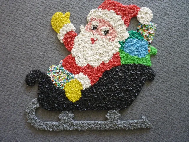 Vintage Christmas SANTA CLAUS IN SLEIGH Melted Plastic Popcorn Wall Decor 19x19