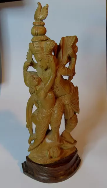 Antique India Hand Carved Wood Hindu Goddess Saraswati Lovers Figure Statue