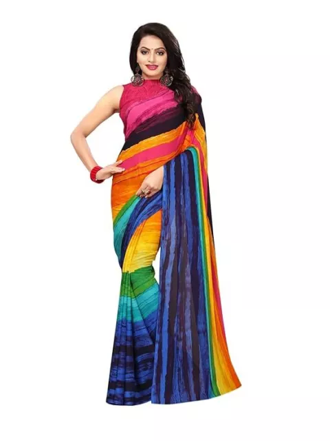 Women's Georgette Multicolor Printed Saree with Unstitched Blouse Piece