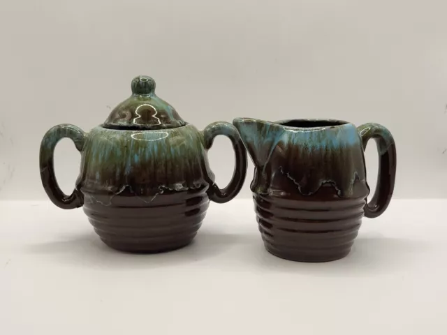 Red Ware Pottery Creamer And Sugar With Lid Teal Drip Glaze