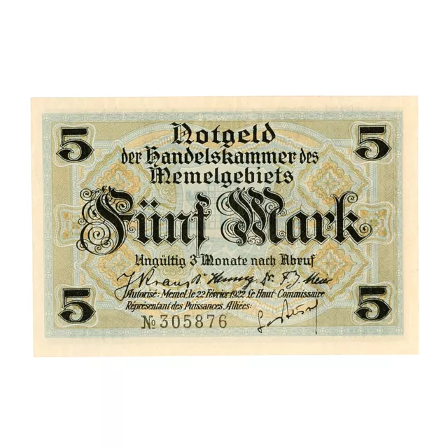 Memel 1922 5 Mark Au-Unc.