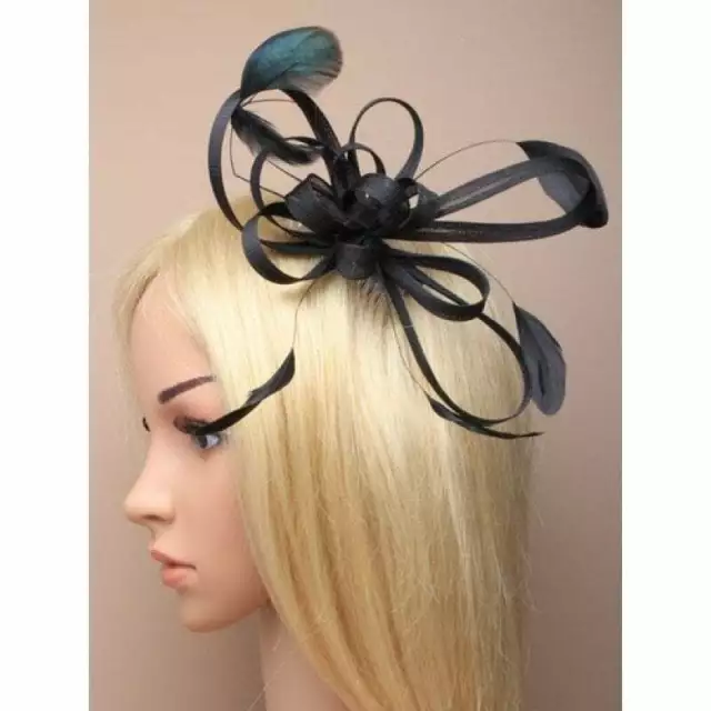 Black fascinator comb with net bow loops and feather tendrils