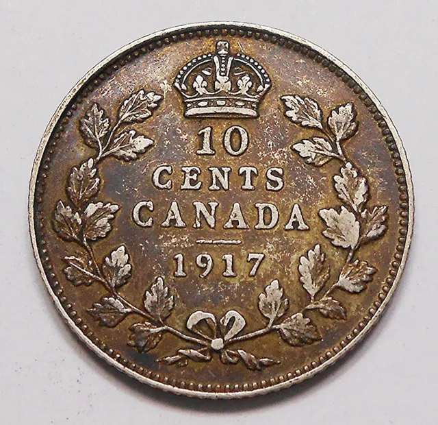 1917 Ten Cents aEF Nice HIGH Grade TONED Early King George V SILVER Canada Dime