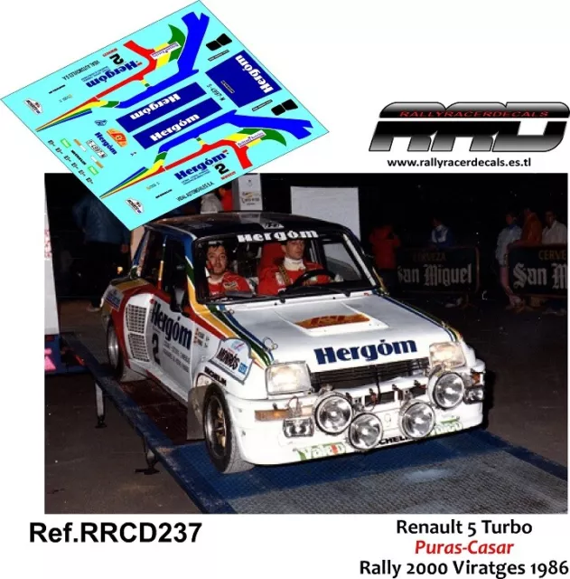 DECAL/CALCA 1/43; Renault 5 Turbo; Puras-Casar; Rally 2000 Viratges 1986