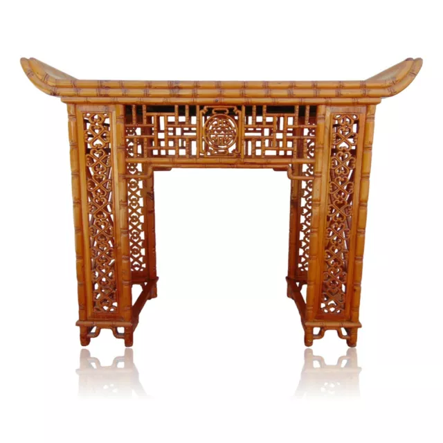 Vintage Carved Bamboo Chinese Chippendale Pagoda Console Fretwork Altar Table