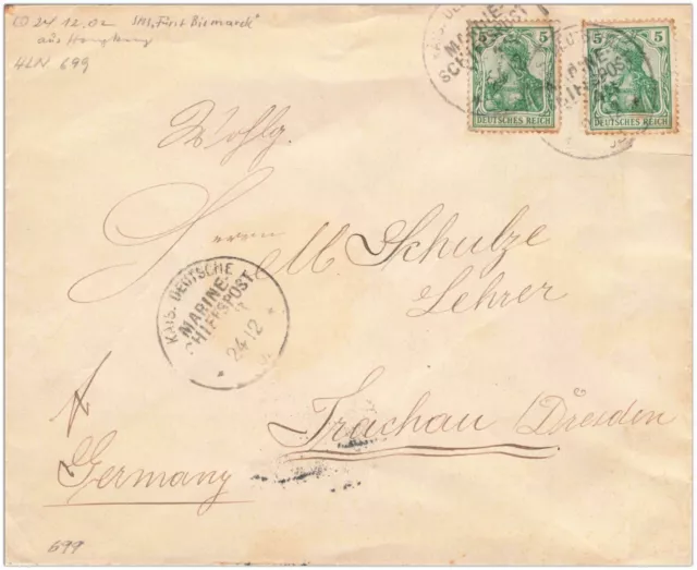 Briefhülle 24.12.1902 Marine-Schiffspost Nr. 43 Kreuzer SMS Fürst Bismarck