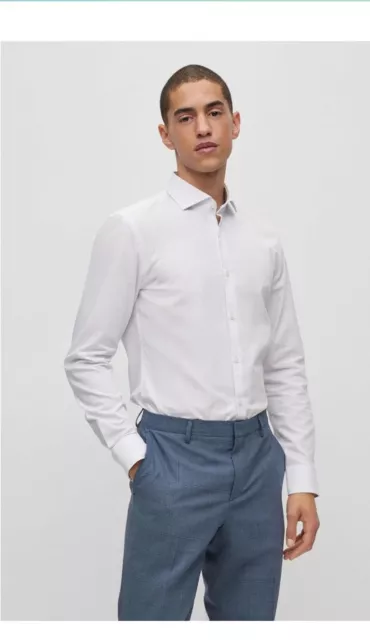 HUGO Boss Mens Kason Slim-fit Shirt in Structured Cotton poplin White Size 15.5