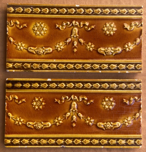 England - 2 Antique Art Nouveau Majolica Border Tiles C1900
