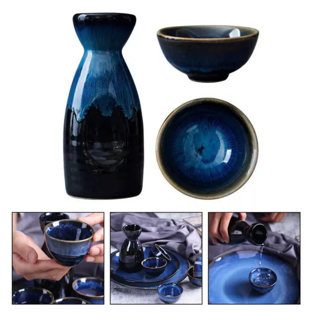 Japanese Ceramic Sake Set with Bottle and Cups - Blue-GE