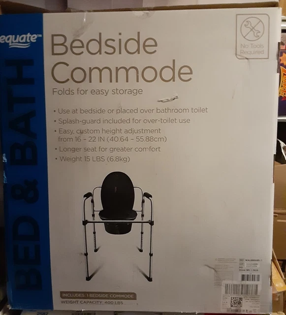 EQUATE STEEL FOLDABLE 3in1 Bedside Toilet Commode, 400lb Weight