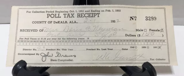Rare 1951 Alabama Poll Tax Receipt -DeKALB COUNTY- AA Blacks Disenfranchised