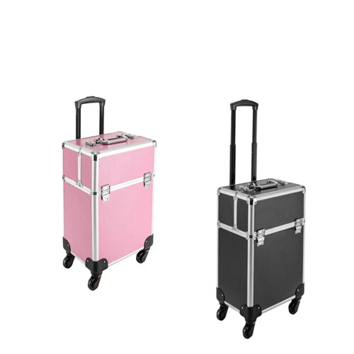 Professional Rolling Makeup Train Case Trolley Cosmetic Box w/ Wheels Black/Pink
