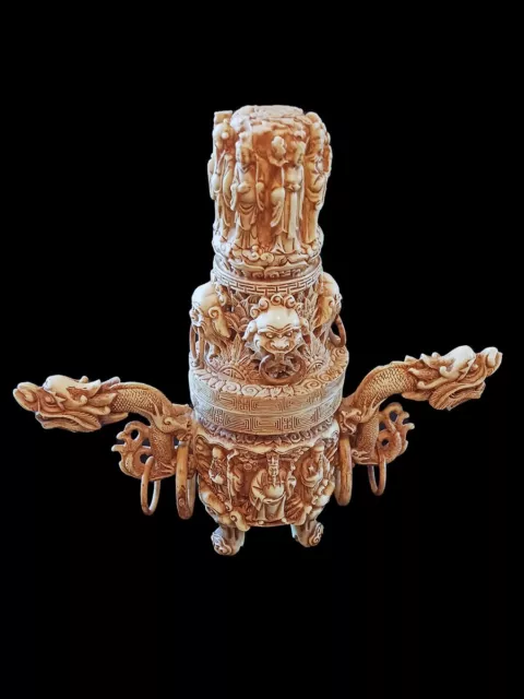 Vintage Chinese Carved Resin Dragon Statue, Ornate, Signed, 14", Incense Burner