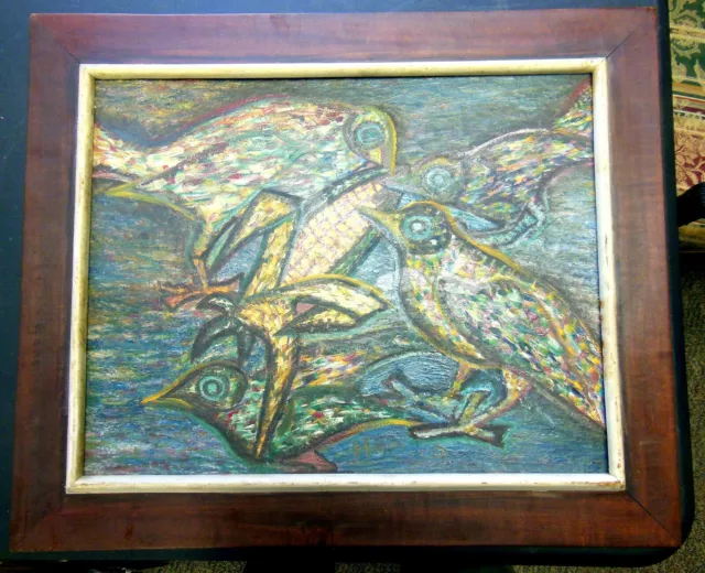 Henry Calixte Rare Original Oil On Board. Famous Haitian Artist "Birds" 25 X 21"
