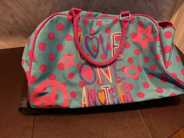 Justice Rolling Travel Bag Luggage Carry-On Neon Green Pink Peace Love ￼flower