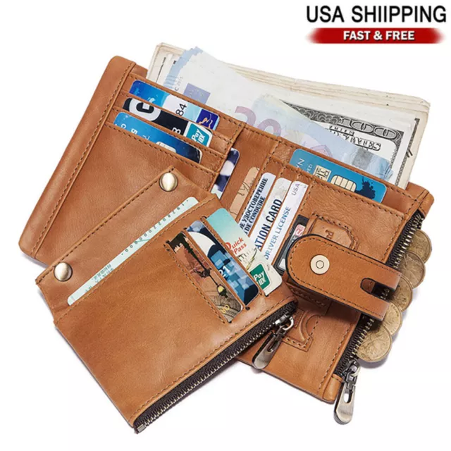 Men's Genuine Leather Credit ID Card Holder Long Chain Wallet Biker Trucker RFID