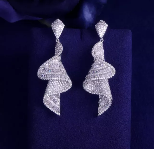 18k White Gold Plated Long Earrings made w Swarovski Crystal Designer Inspired 3