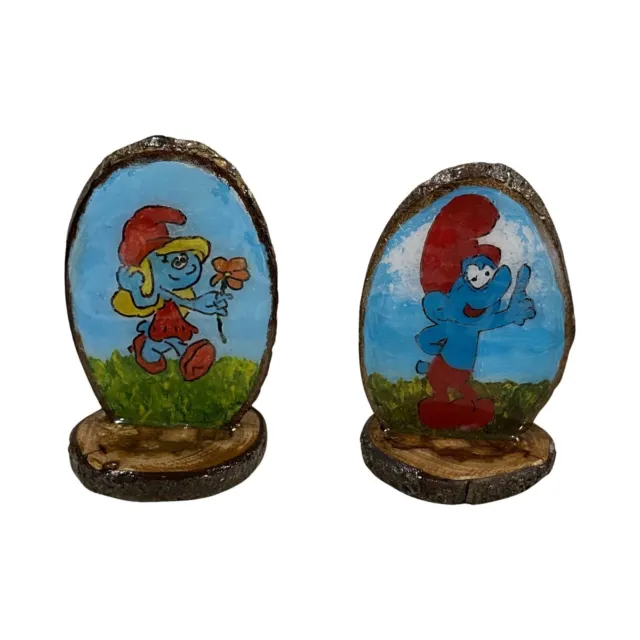 Vintage Smurfs Smurfette and Brainy Smurf Handmade Painted Wood Display Pieces