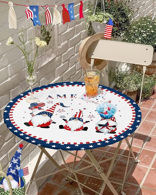 4Th of July Tablecloth Elastic Fitted round Table Cloth Patriotic Gnomes USA Fla