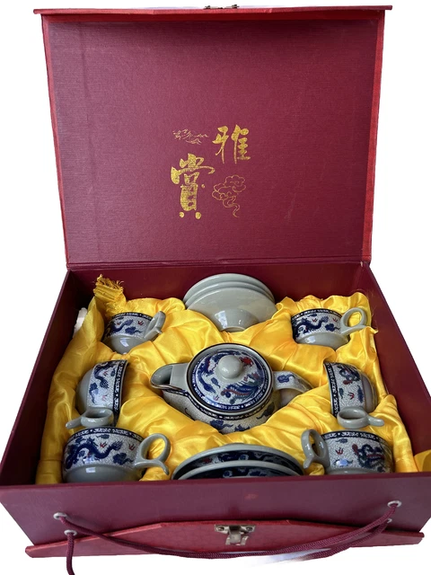 Dragon & Phoenix Chinese Porcelain Tea Set Tea Pot 6 Tea Cups Fabric Box Case