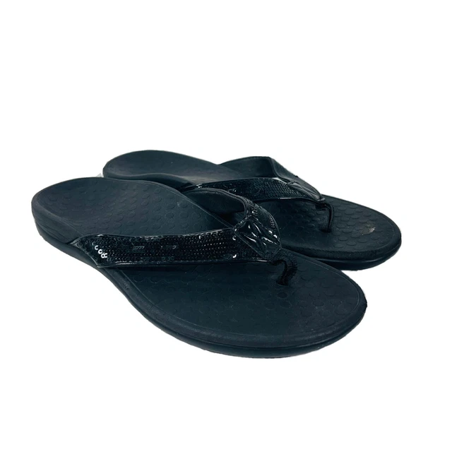 Vionic Women's Black Tide Sequin Sandals Flip Flops Gold Size 8 44TIDESQ