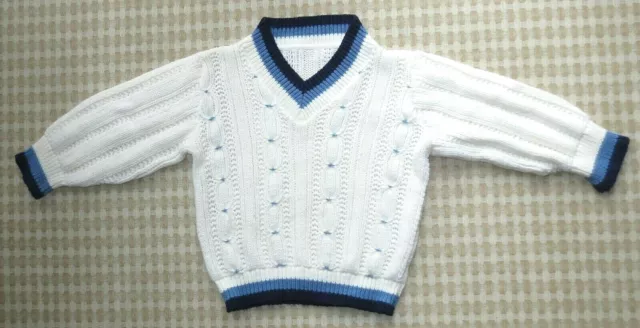 Vtg 1960's Child's WHITE KNIT SWEATER Pullover, Black & Blue Trim Kid V Neck Old