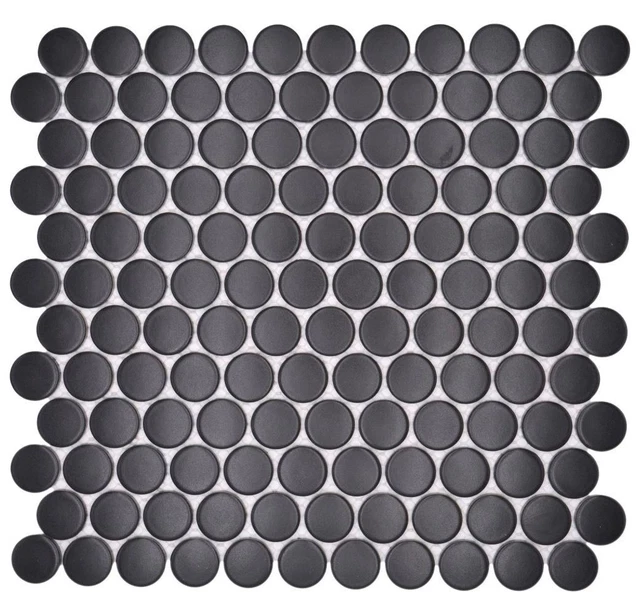Azulejos de mosaico de cerámica botón Loop Penny negro mate espejo de azulejos | 10 alfombras