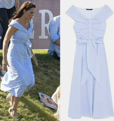 ZARA Kate Middleton Duchess Blue White Striped Off Shoulder Dress Size XS