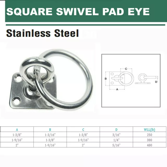 SS 304 Square Swivel Pad Eye Plate W/Ring 3/16", 1/4",5/16" Welded Formed Marine