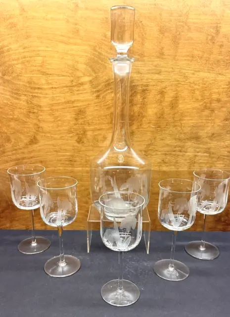 Vintage 6 Pc  Set Etched Glass Wine Decanter & 5 Matching Wine Glasses