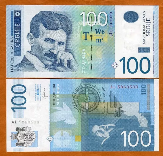 Serbia, 100 Dinara, 2013, P-57b, UNC Nikola Tesla