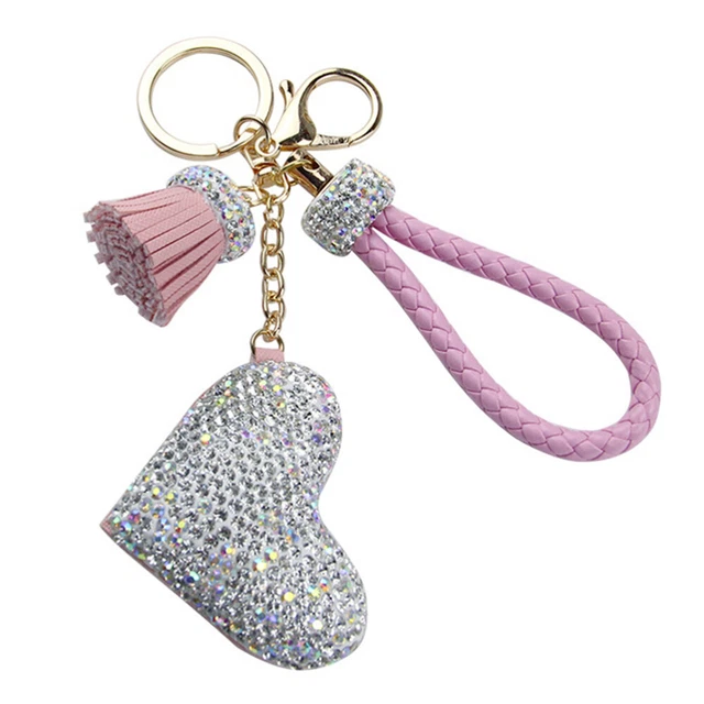 1PC Creative PU Key Chain Pendant Rhinestone Tassel Heart Shape Design Keychain