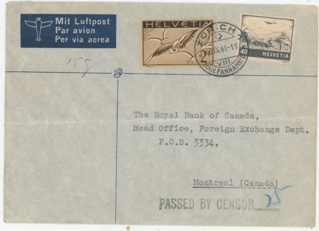 Schweiz Luftpost Zensur Brief Zürich Montreal Kanada 1941