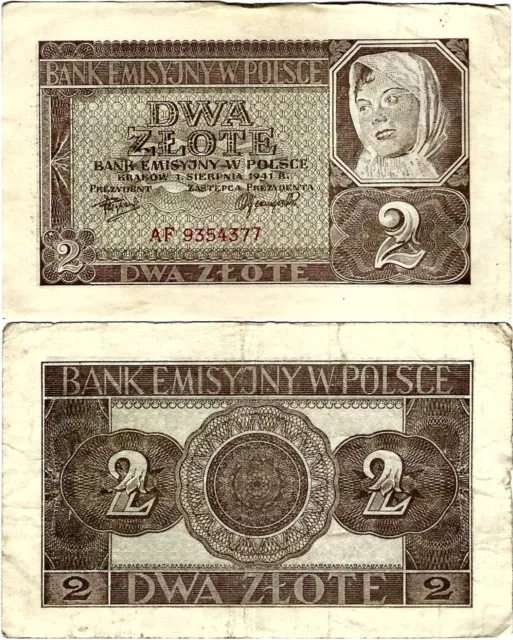 Polen Banknote 2 Złote 1941 EMISSION BANK IN POLAND ZWK-35 Ro.580 P-100 SELTEN