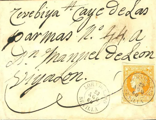 Andalucía. Historia Postal. SOBRE  52. 1860. 4 cuartos amarillo. LORA DEL RIO a