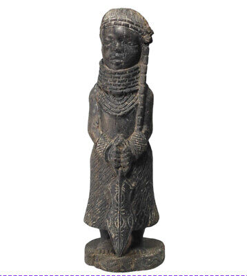 Nigeria, Old Benin Sculpture, Ebony Wood Carving Statue of the King Oba - 16"