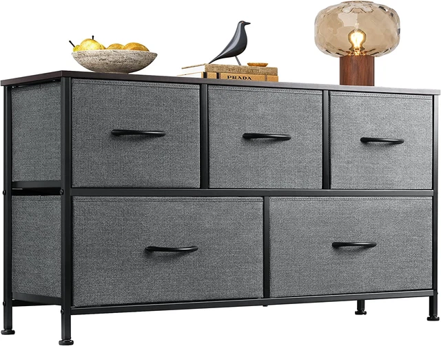 5-Drawers Wide Chest of Drawers Fabric Dresser Bedroom Storage Dark Grey
