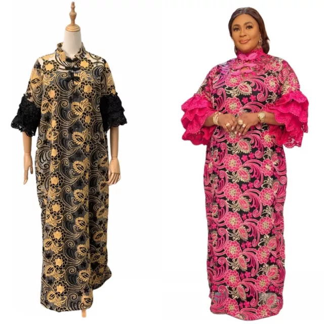 African Women Plus Size Kaftan Set Party Lace Dress Dashiki Flowers Robe