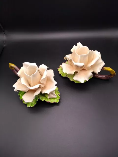 Pair of Capodimonte Porcelain Pink Roses Candle Holders W/ Handle 4"x6.5"