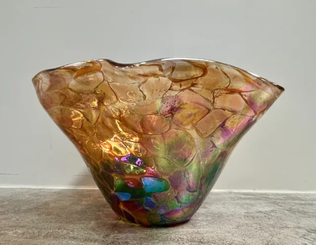 GLASS EYE STUDIO Rainbow Iridescent Hand Blown 5.5” Amber Ruffled Glass Bowl