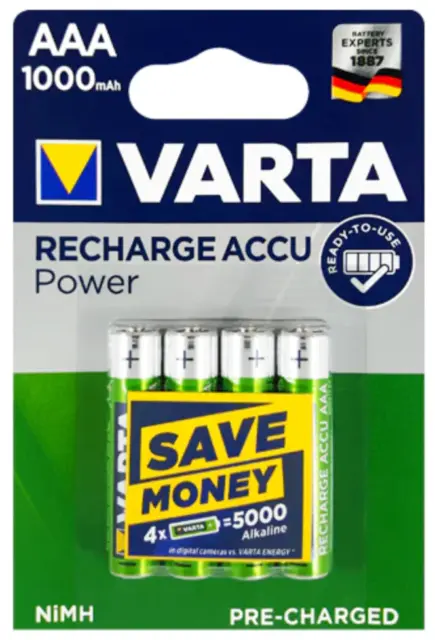 VARTA Rechargeable AAA Batteries 1000mAh ACCU POWER 4 Pack HR03 NiMH PRE-CHARGED