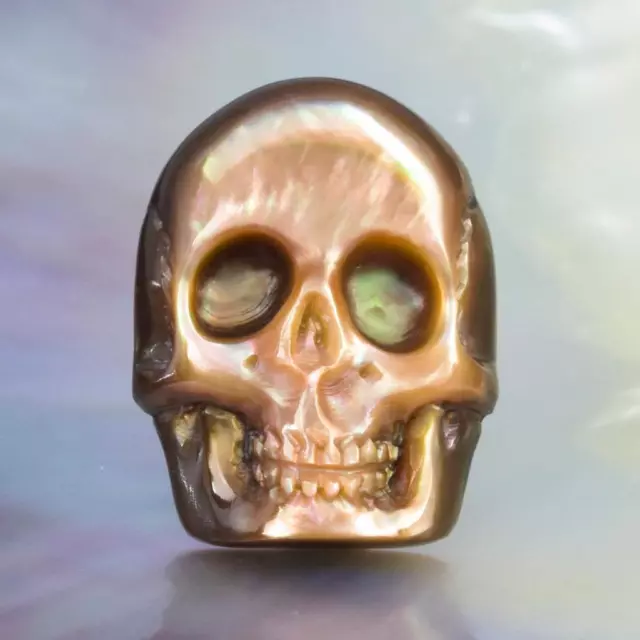Skull Design Penguin-Wing Oyster Shell & Paua Abalone Carving Cabochon 3.23g