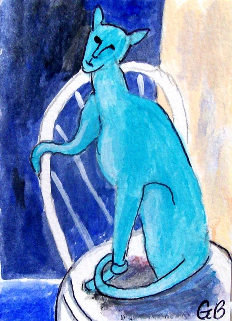Aceo Animal Painting In Manner Of Modigliana 'Blue Cat In Chair'