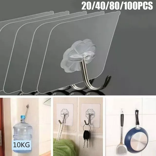 20/40/80/100x Wall Hooks Adhesive Magic Strong Clear Heavy Duty Waterproof-wf